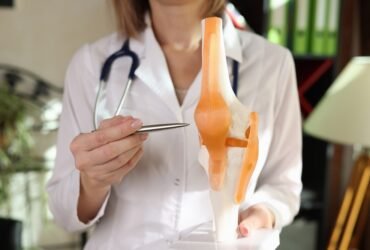 Woman,Doctor,Holds,Anatomical,Model,Of,Human,Knee-joint,And,Points